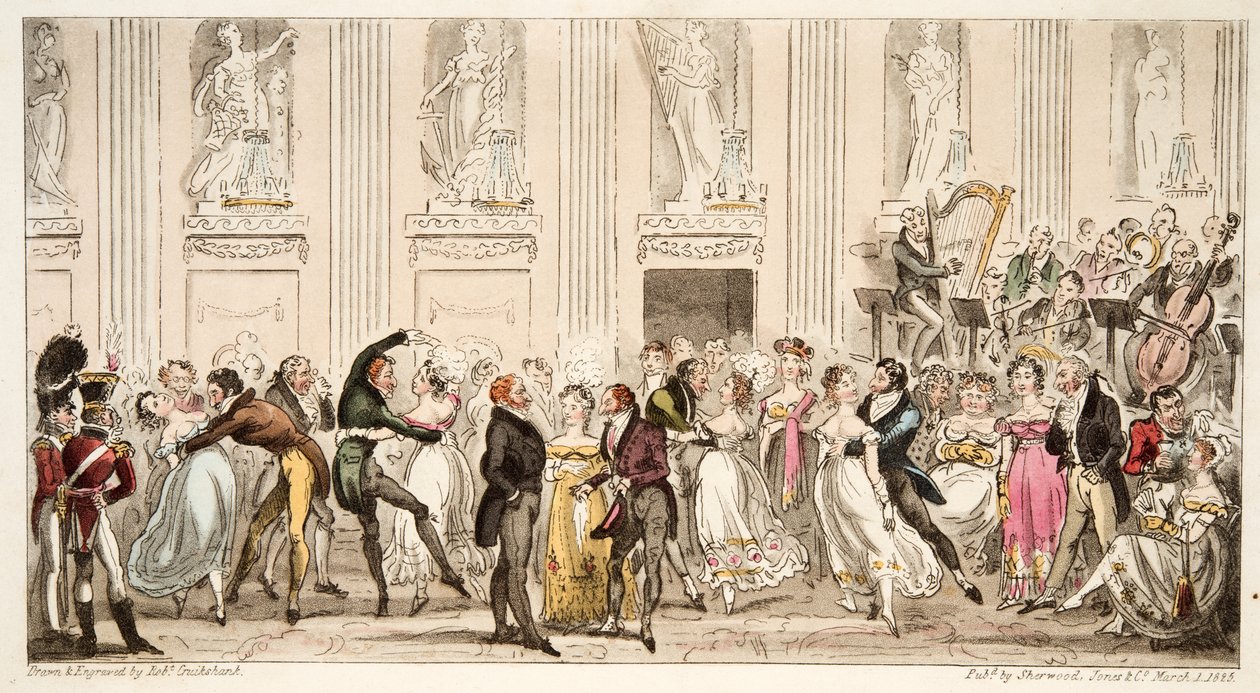 O Cyprians Ball no Argyle Rooms, do The English Spy, pub. 1824 (gravura colorida à mão) de Isaac Robert Cruikshank