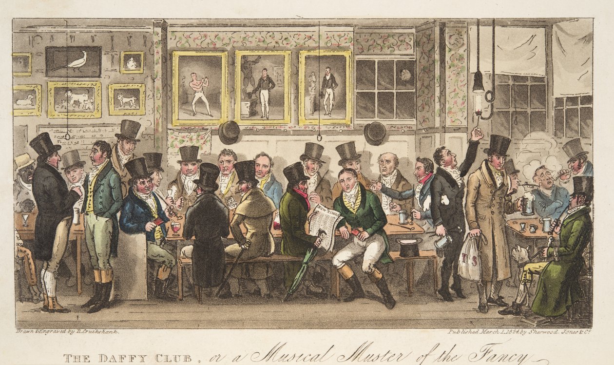 O Daffy Club, ou um Muster Muster of the Fancy, do The English Spy, pub. 1824 (gravura colorida à mão) de Isaac Robert Cruikshank