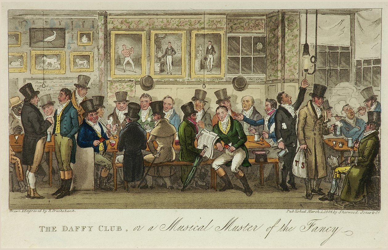 The Daffy Club, ou um Muster Musical of the Fancy, publicado em 1824 (cor litho) de Isaac Robert Cruikshank