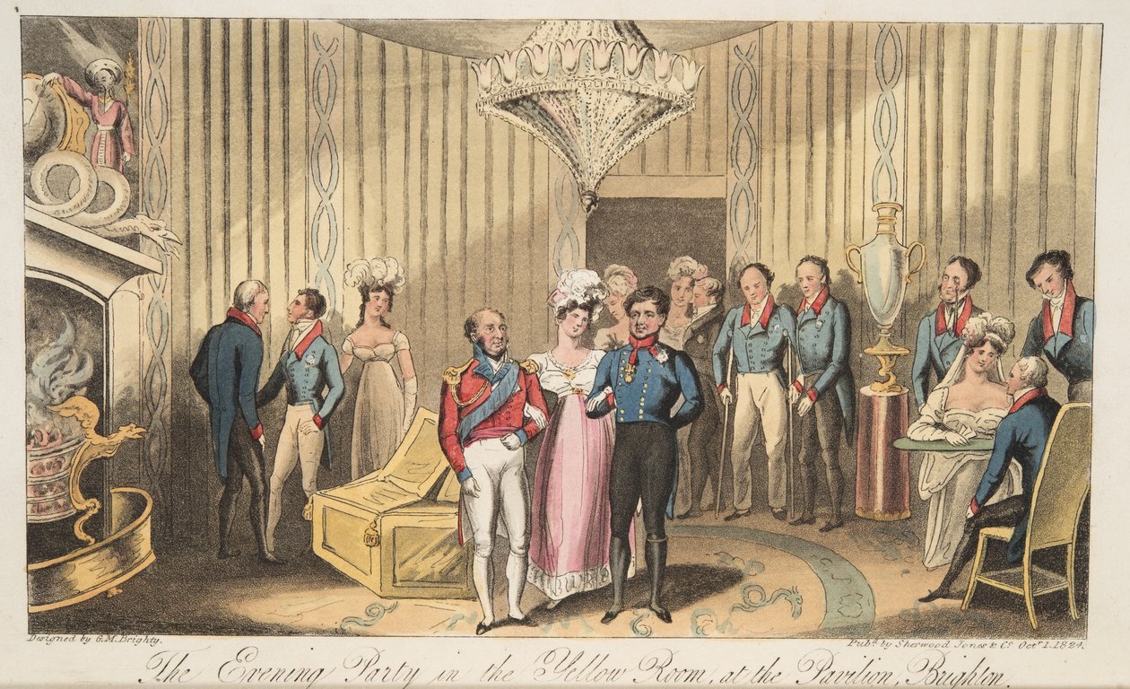 A festa da noite no pavilhão, Brighton, do espião inglês, bar. 1824 (gravura colorida à mão) de Isaac Robert Cruikshank