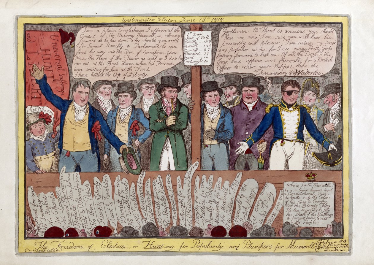 A liberdade na eleição ou caça para a popularidade e plumpers para Maxwell, bar. G. Humphrey, 1818 (gravura colorida à mão) de Isaac Robert Cruikshank