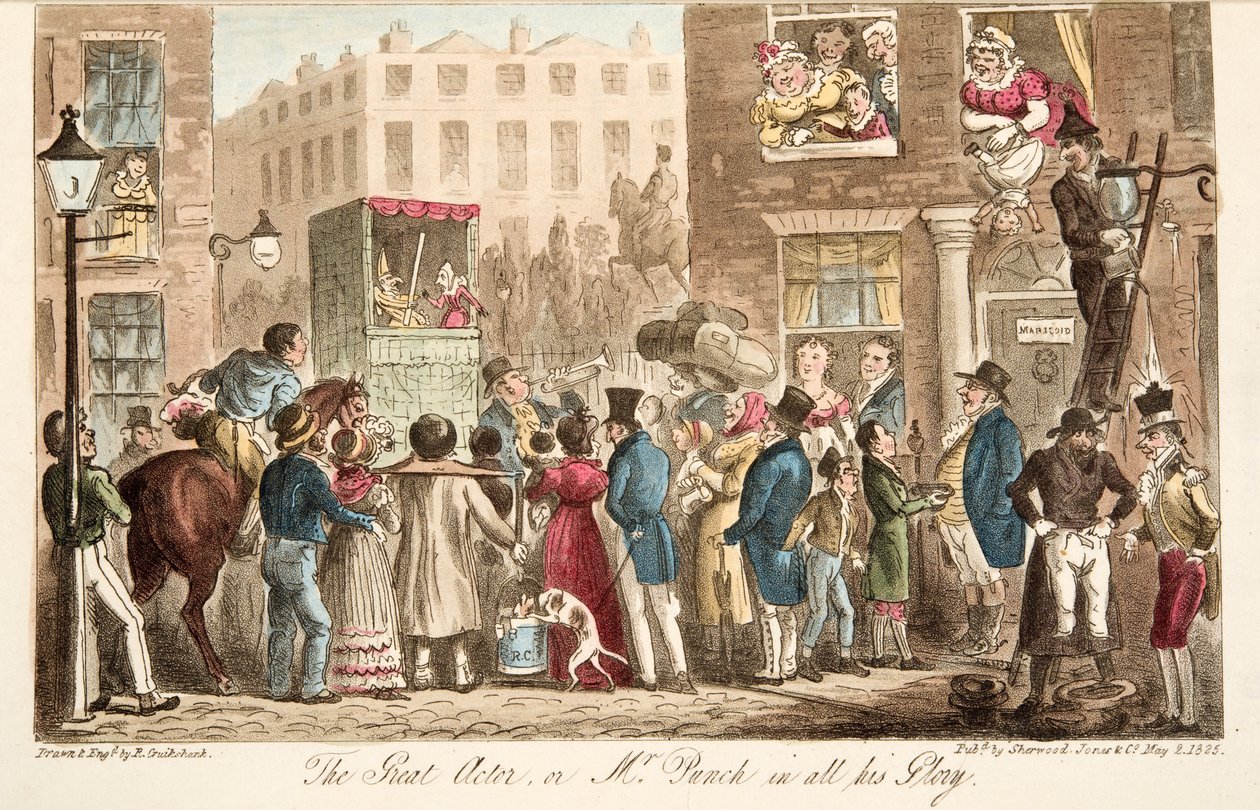 O Grande Ator, ou o Sr. Punch em toda a sua Glory, do The English Spy, pub. 1824 (gravura colorida à mão) de Isaac Robert Cruikshank