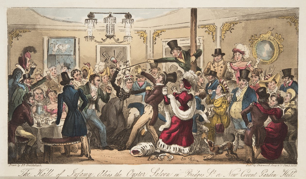 O Hall of Infamy, também conhecido como Oyster Saloon em Brydges-Street, ou New Covent Garden Hell, do The English Spy, pub. 1824 (gravura colorida à mão) de Isaac Robert Cruikshank