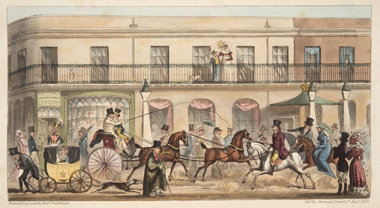 A High Street, Cheltenham, do The English Spy, pub. 1824 (gravura colorida à mão) de Isaac Robert Cruikshank