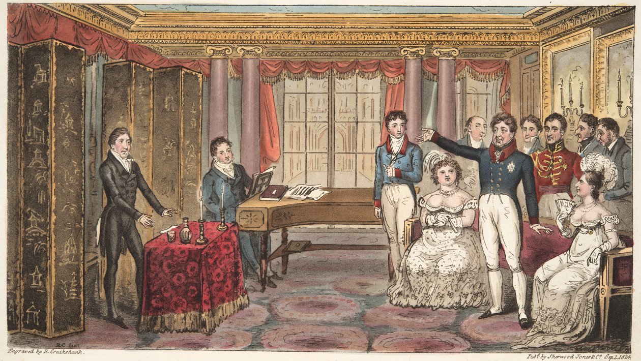 O rei em casa, ou Mathews em Carlton House, de The English Spy, de Charles Westmacott, publicou 1824 (gravura colorida à mão) de Isaac Robert Cruikshank