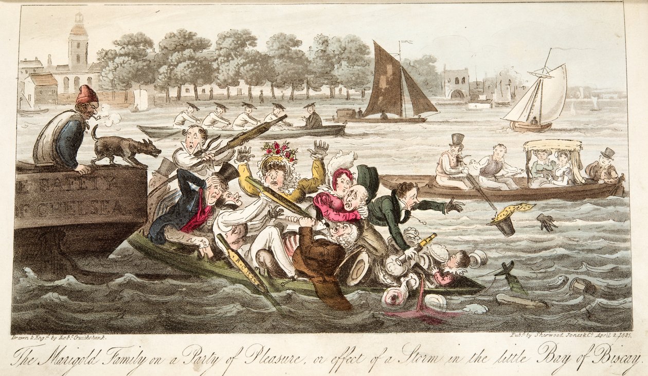 A Família Marigold em uma festa de prazer, ou efeito de uma tempestade no pequeno Golfo da Biscaia, de The English Spy, pub. 1824 (gravura colorida à mão) de Isaac Robert Cruikshank