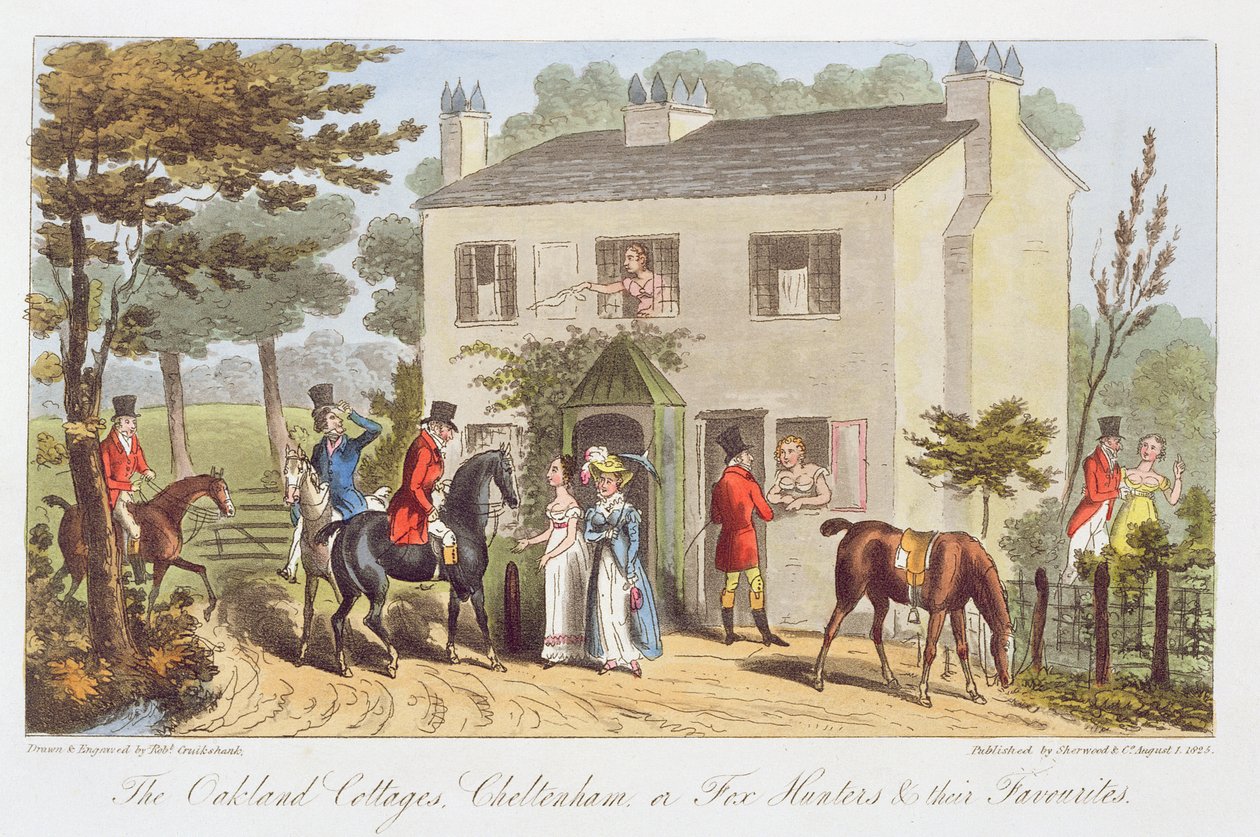 O Oakland Cottages, Cheltenham, ou Fox Hunters e seus Favoritos, de "The English Spy", de Charles Westmacott, publicado em 1825 de Isaac Robert Cruikshank