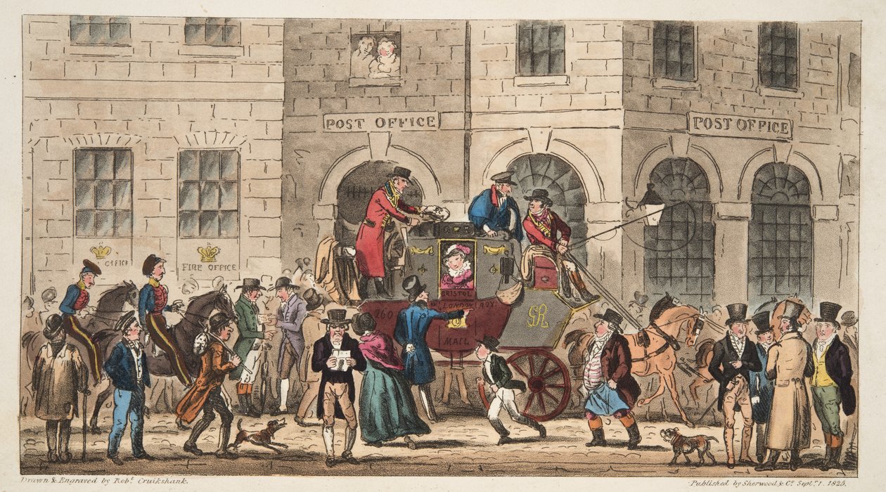 Os Correios de Bristol, Chegada do London Mail, do The English Spy, publicado em Londres, 1824 de Isaac Robert Cruikshank