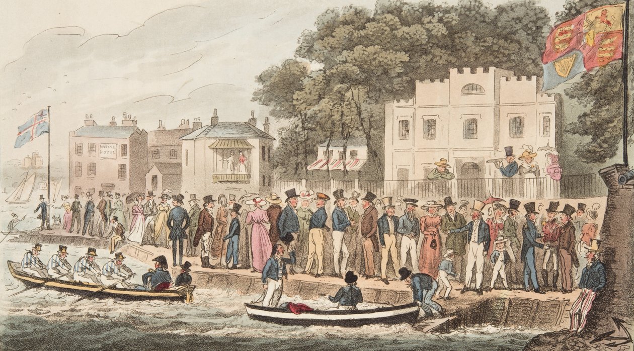 The Promenade at Cowes, do The English Spy, pub. 1824 (gravura colorida à mão) de Isaac Robert Cruikshank