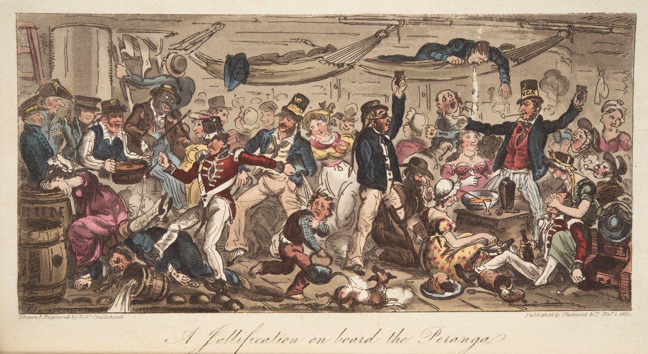 The Retturn to Port, do The English Spy, pub. 1824 (gravura colorida à mão) de Isaac Robert Cruikshank