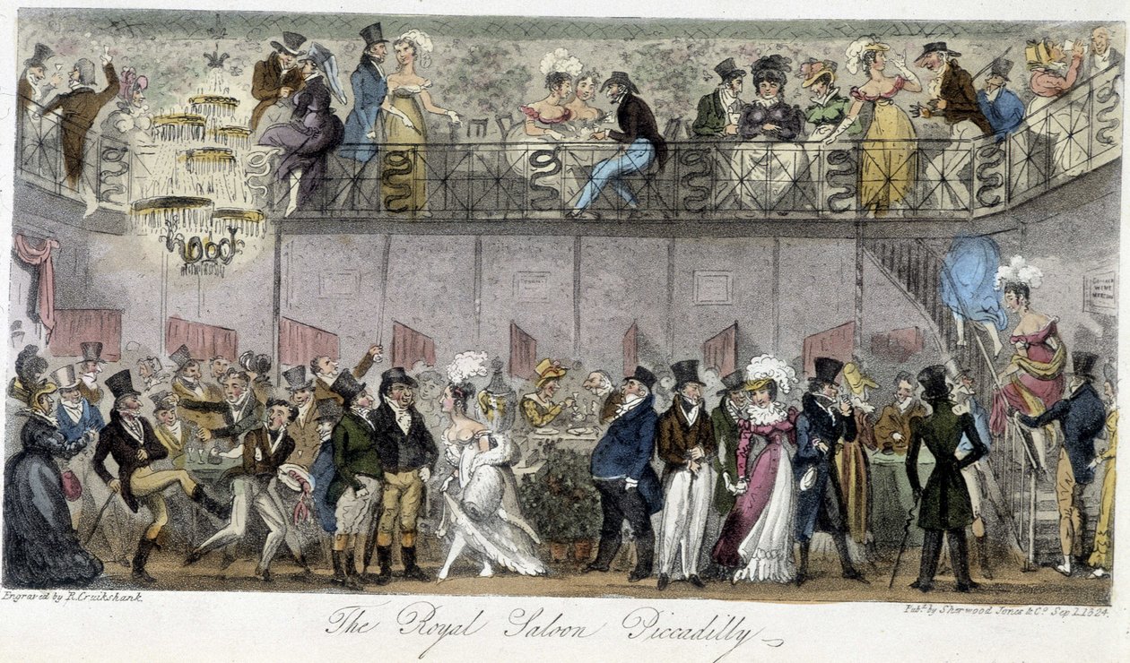 The Royal Saloon Piccadilly - em "The English Spy", de Charles Molloy Westmacott, desenho de Robert Cruikshank, London Edition de Isaac Robert Cruikshank
