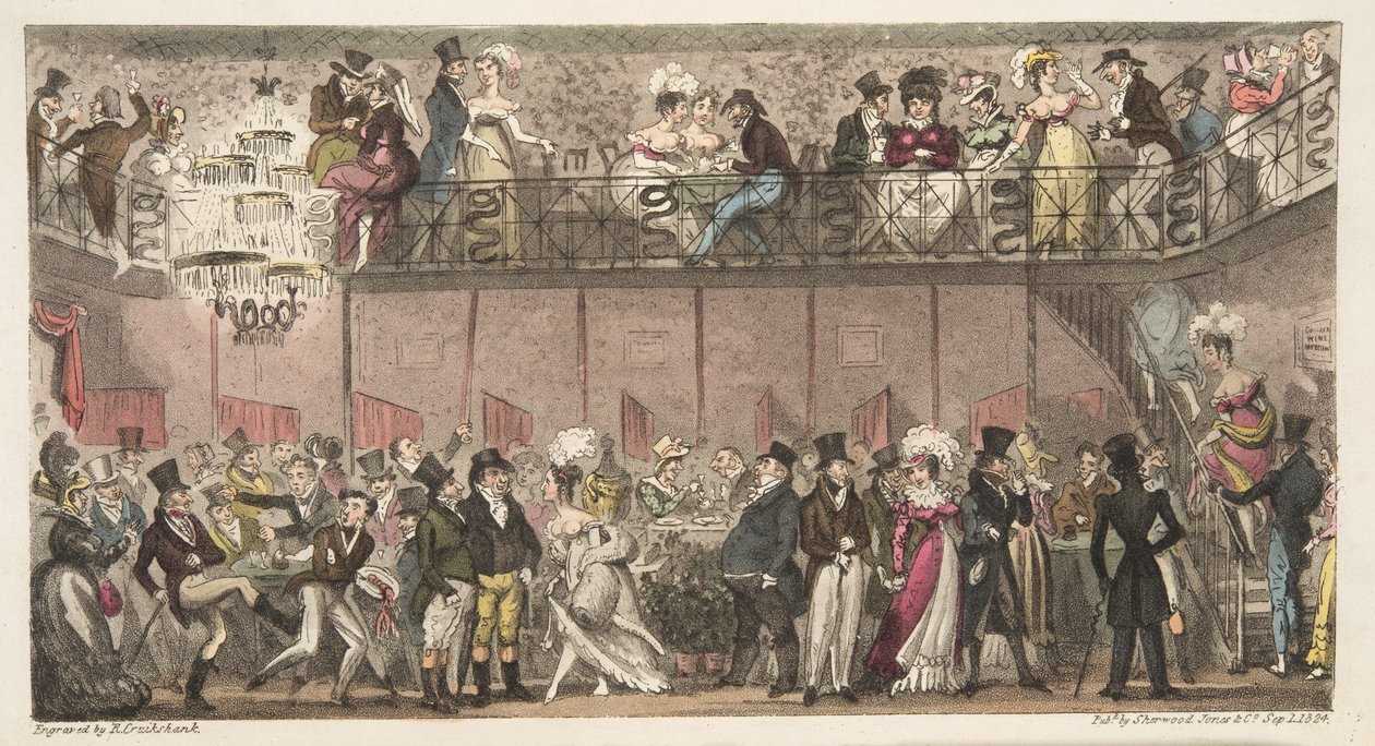 O Royal Saloon, Piccadilly, ou uma hora depois da ópera, do The English Spy publicado em 1824 (gravura colorida à mão) de Isaac Robert Cruikshank
