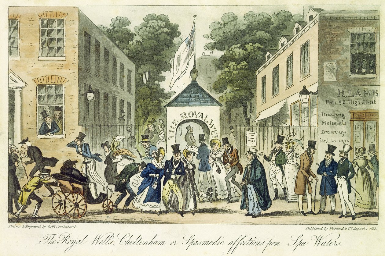 Os poços reais, Cheltenham ou afeições espasmódicas para águas termais, 1825 de Isaac Robert Cruikshank