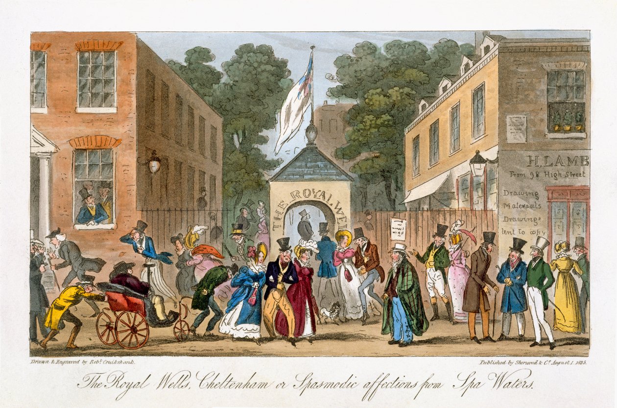 O Royal Wells, Cheltenham ou afecções espasmódicas de Spa Waters, de &39;The English Spy&39;, de Charles Molloy Westmacott (1788-1868) publicaram Londres, 1825 de Isaac Robert Cruikshank