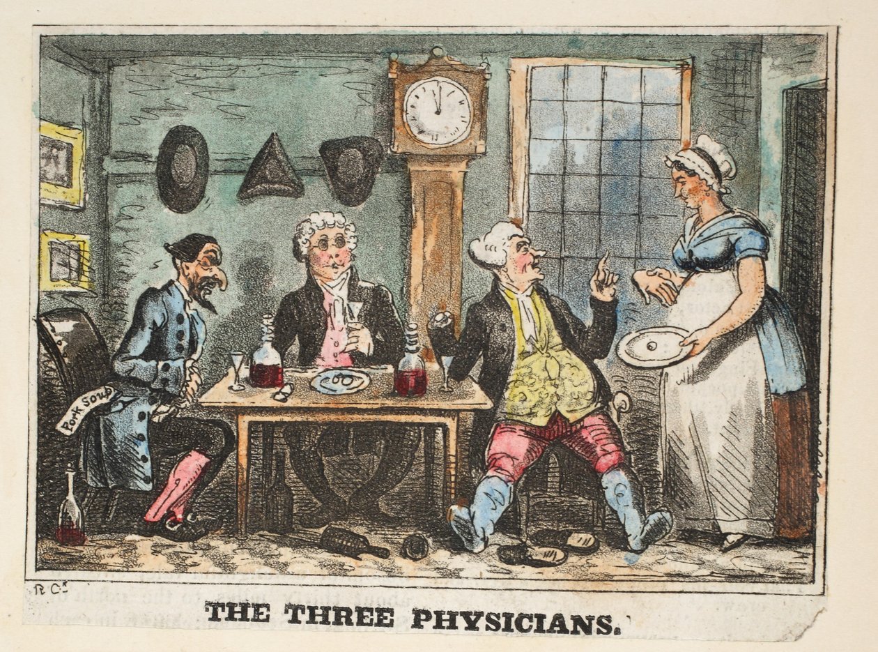 Os Três Médicos, c.1824 (gravura colorida à mão) de Isaac Robert Cruikshank