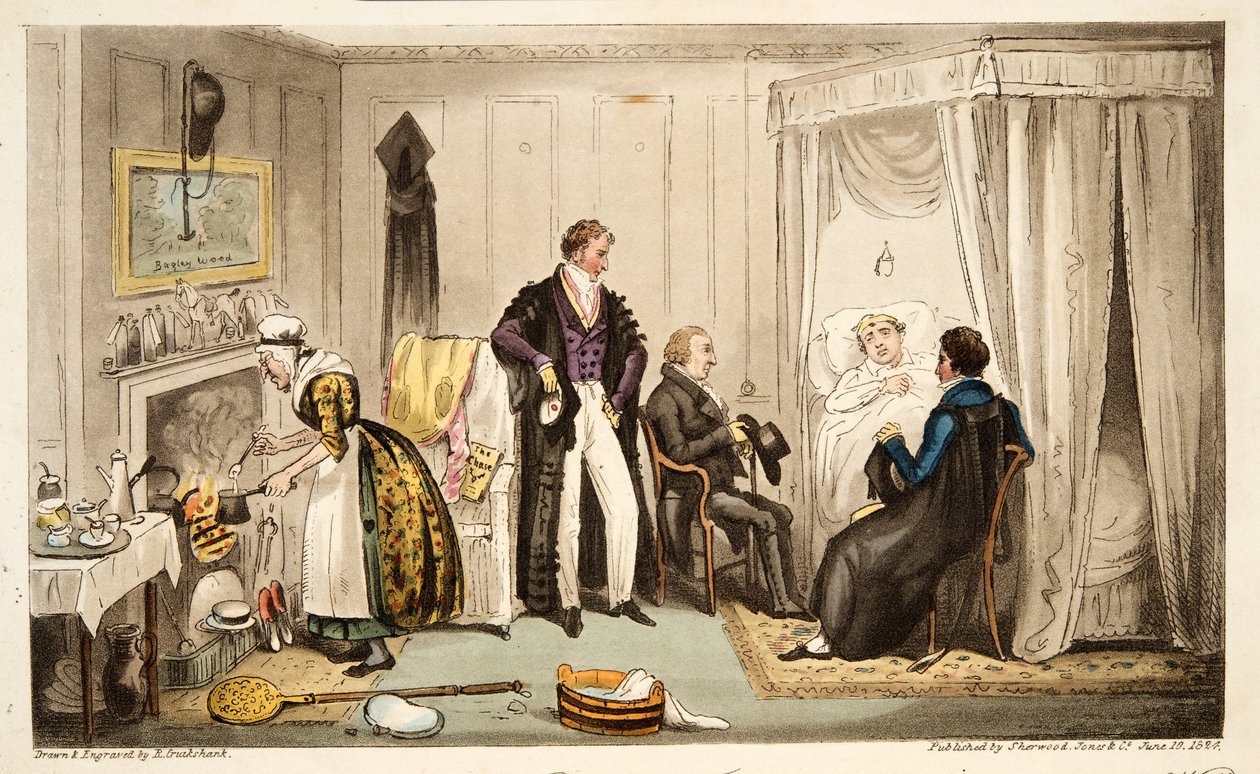 Tom Echo deitou com a febre de Headington ou um Oxonian muito perto da parede, do The English Spy, publicado em Londres, 1824 (gravura colorida à mão) de Isaac Robert Cruikshank