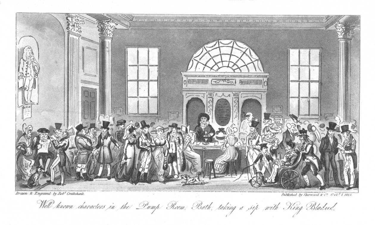 Personagens conhecidos na Pump Room, Bath, tomando um gole com o rei Bladud, 1825 de Isaac Robert Cruikshank