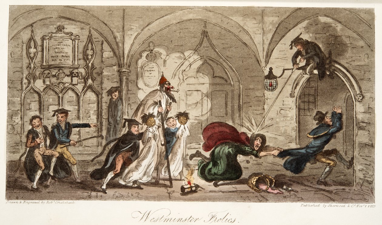 Westminster Frolics, do The English Spy, pub. 1824 (gravura colorida à mão) de Isaac Robert Cruikshank