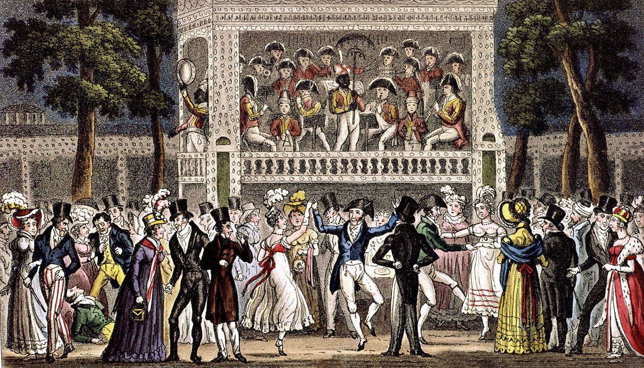 Um baile no jardim Vauxhall em Londres c. 1830, gravura de Isaac Robert & George (1792 1878) Cruikshank