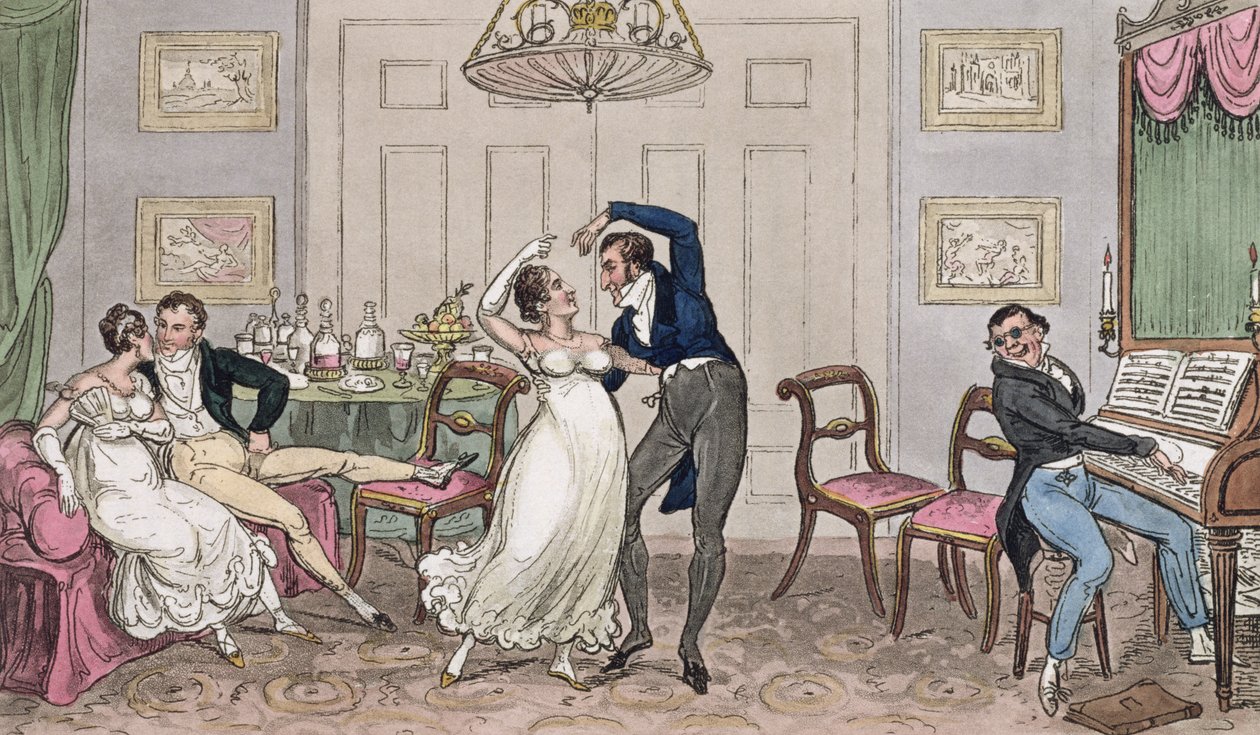 Uma Introdução: Momentos gays de Lógica, Jerry, Tom e Corinthian Kate, de &39;Life in London&39; de Pierce Egan, 1821 (aquatinta colorida) de Isaac, Robert and George Cruikshank