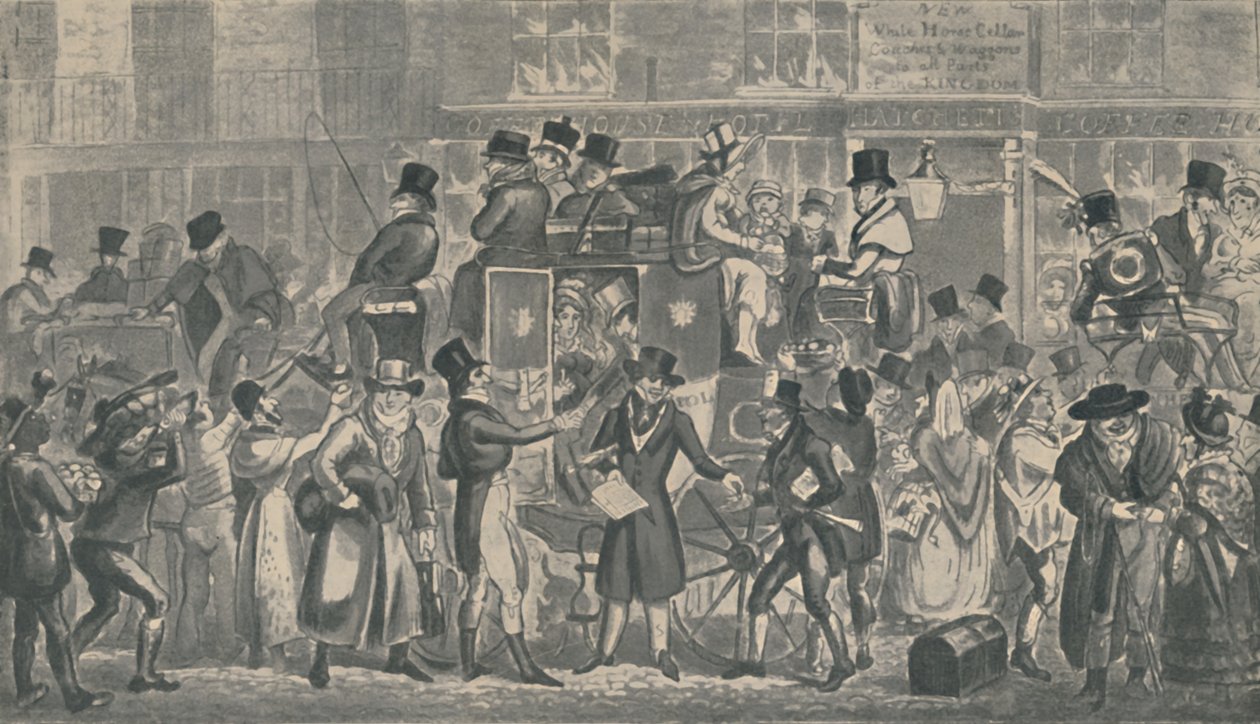 Adega de cavalo branco exterior, Piccadilly, 1821, 1920. Artistas: Isaac Robert Cruikshank, George Cruikshank. de Isaac, Robert and George Cruikshank