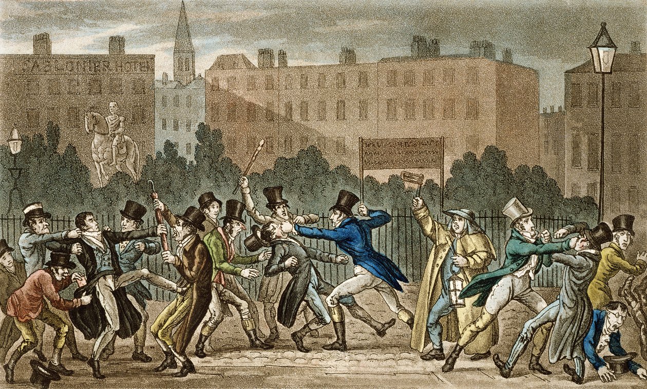 Tom, Jerry e Lógica Envolvidos em uma Briga Noturna, de &39;Life in London&39; de Pierce Egan (1772-1849), 1821-22 (aquatinta colorida) de Isaac, Robert and George Cruikshank