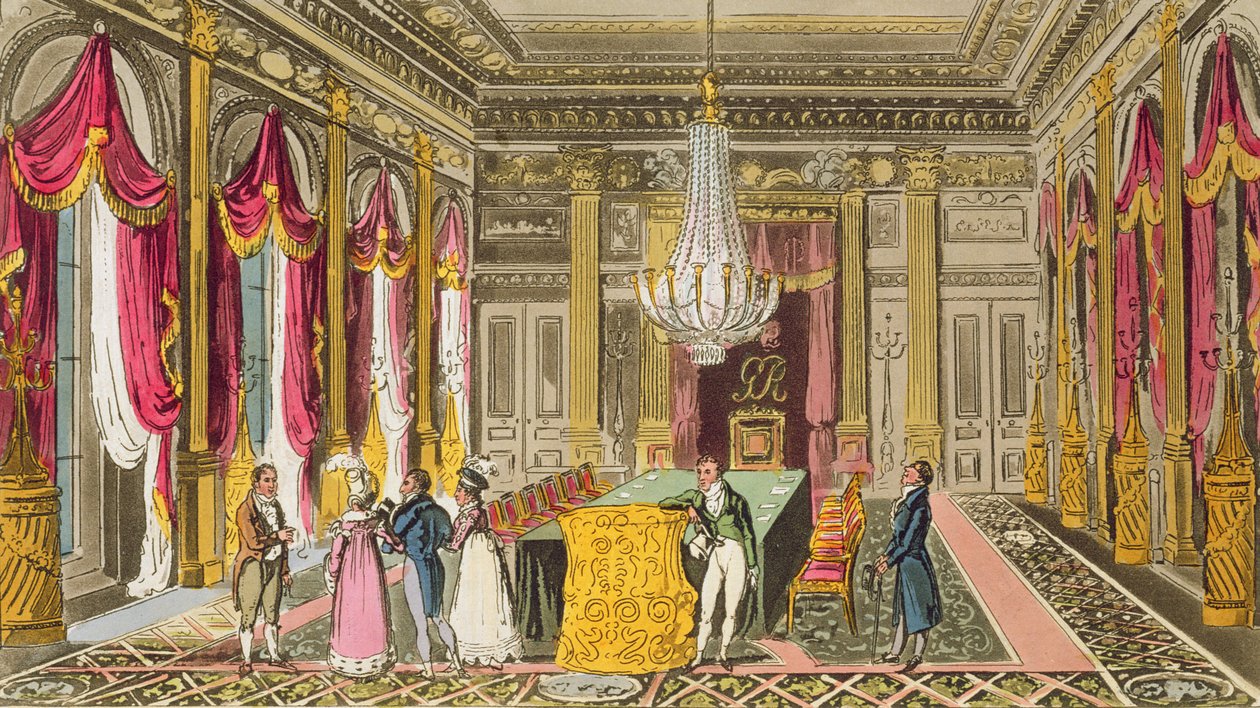 Tom, Jerry e Logic visitando Carlton House, de &39;Life in London&39; de Pierce Egan, 1821-22 (colorido aquatint) de Isaac, Robert and George Cruikshank