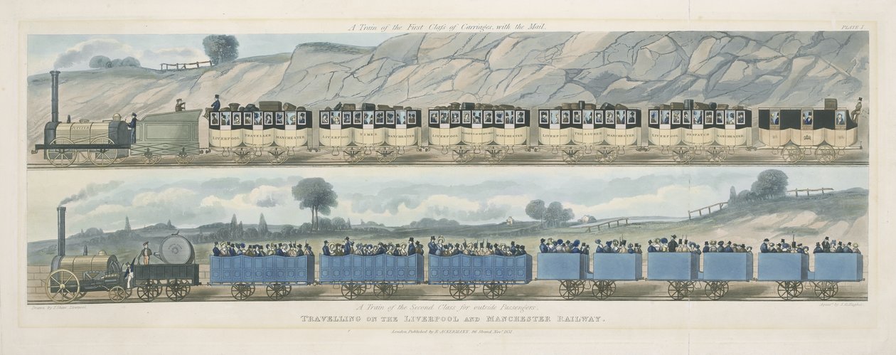 Viajando na Ferrovia Liverpool e Manchester: Um Trem da Primeira Classe de Carruagens com o Correio e Um Trem da Segunda Classe para Passageiros Externos, gravado por SG Hughes, 1831 (aquat de Isaac Shaw