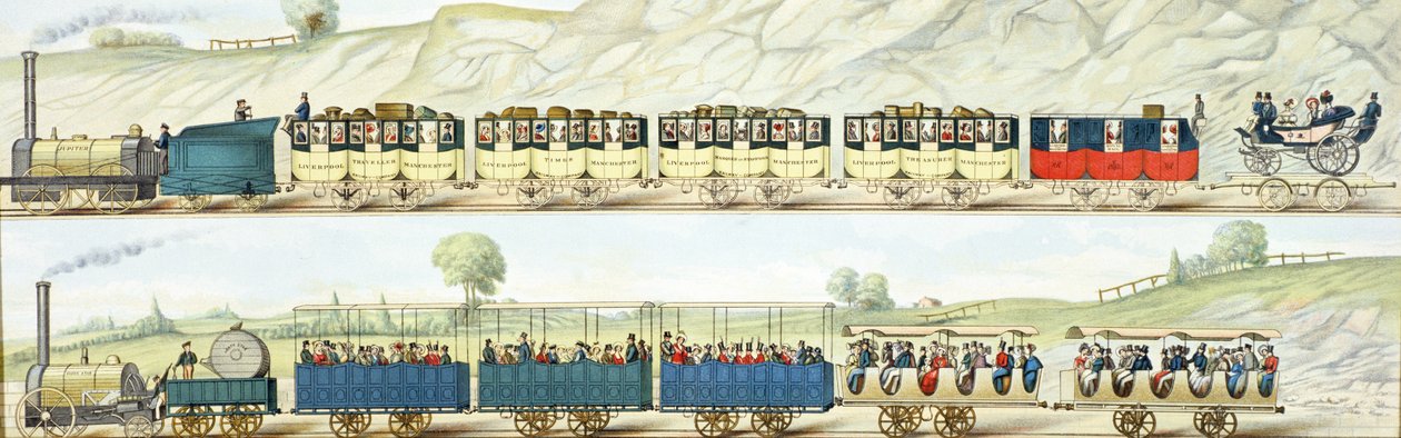 Viajando no Liverpool e Manchester Railway, gravado por SG Hughes, c.1831 de Isaac Shaw
