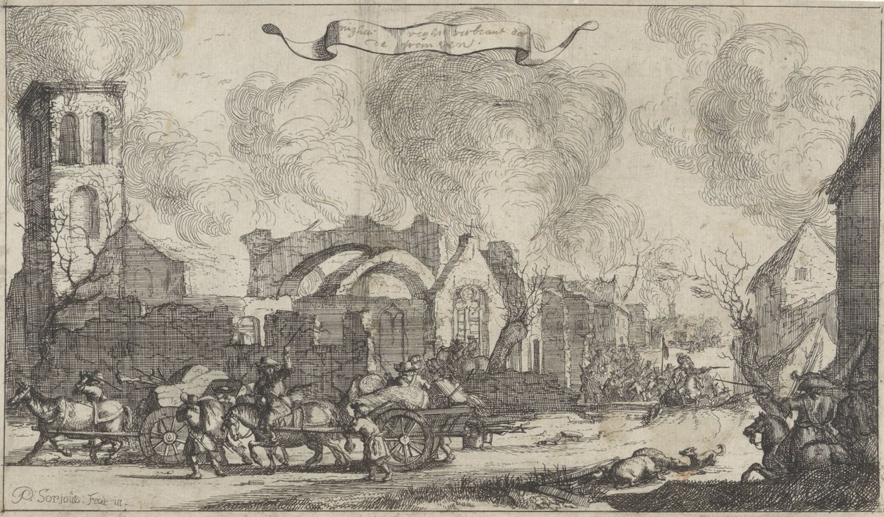 Tropas francesas marcham saqueando e atirando pelas ruínas da vila de Nigtevecht, 1672 Série de treze imagens das aldeias e castelos da província de Utrecht destruídas pelos franceses em 1672 (título da série) de Isaac Sorious