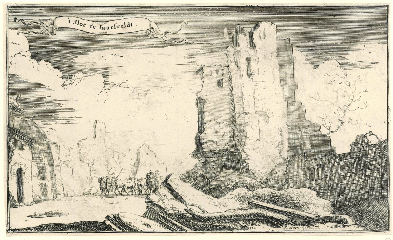 O castelo de Jaarsveld, destruído pelos franceses em 1672
Slot te Iaarsveldt (título sobre o objecto)
Série de treze ilustrações de aldeias e castelos na província de Utrecht destruídos pelos franceses em 1672 (título da série) de Isaac Sorious