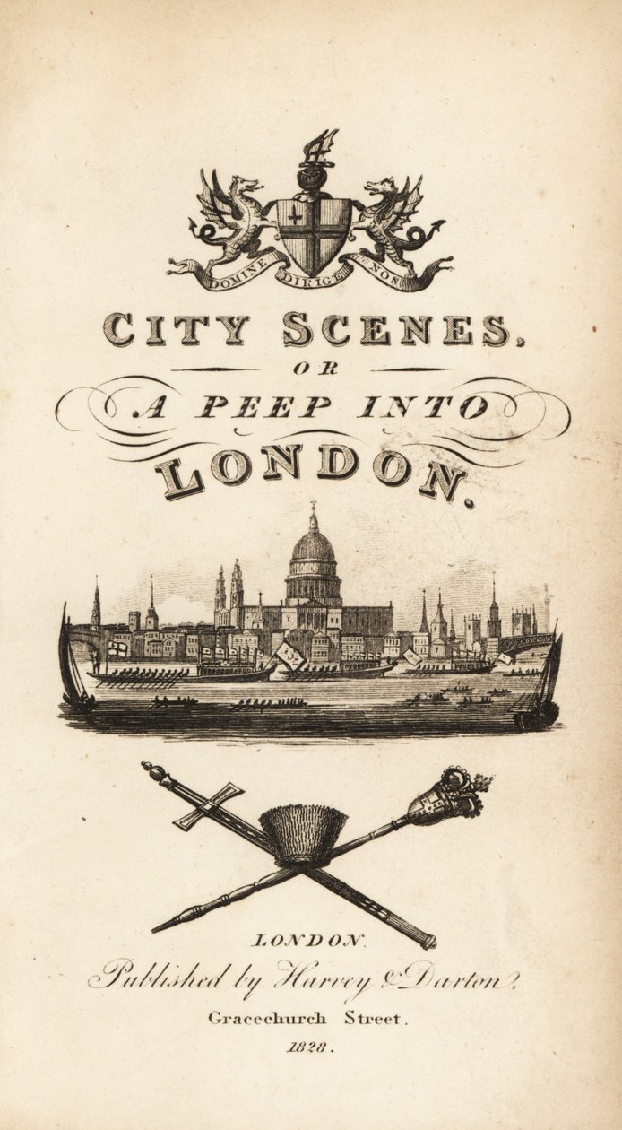Página de título caligráfica com vinheta da cidade de Londres com a Catedral de Saint Paul de Isaac Taylor