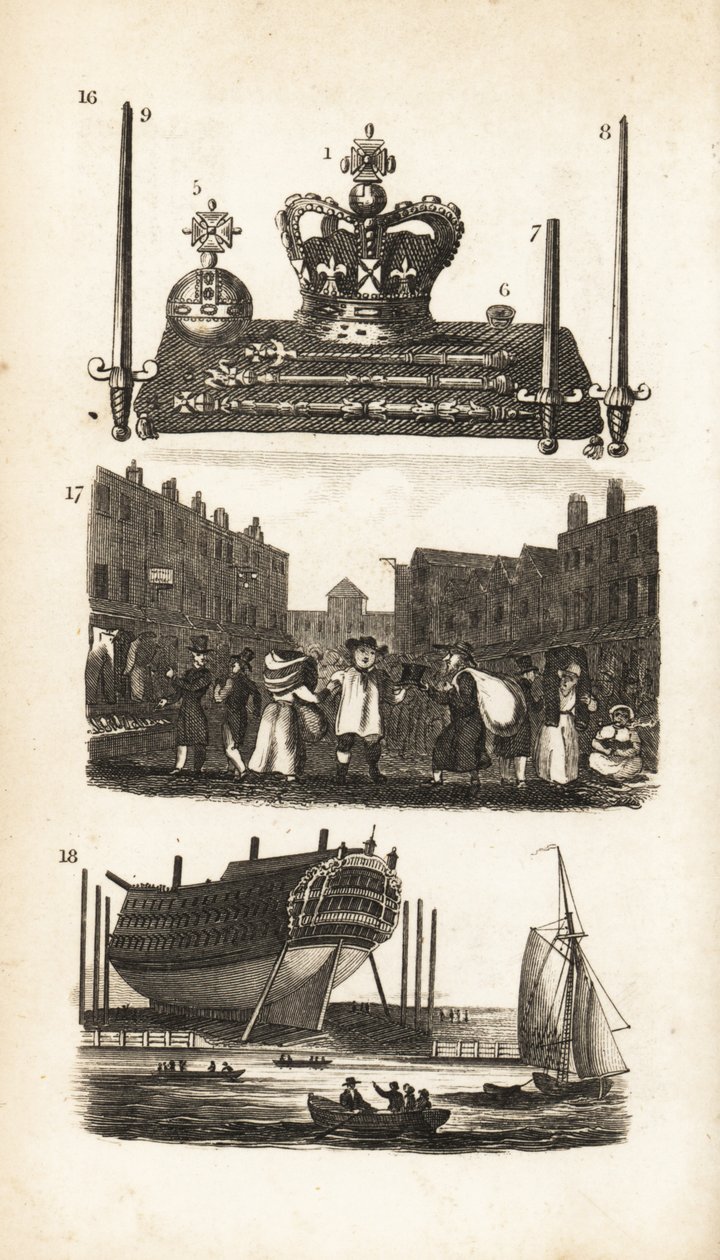O Escritório de Jóias na Torre de Londres, Feira de Rag e Roupas Antigas e Edifício Ship de Isaac Taylor