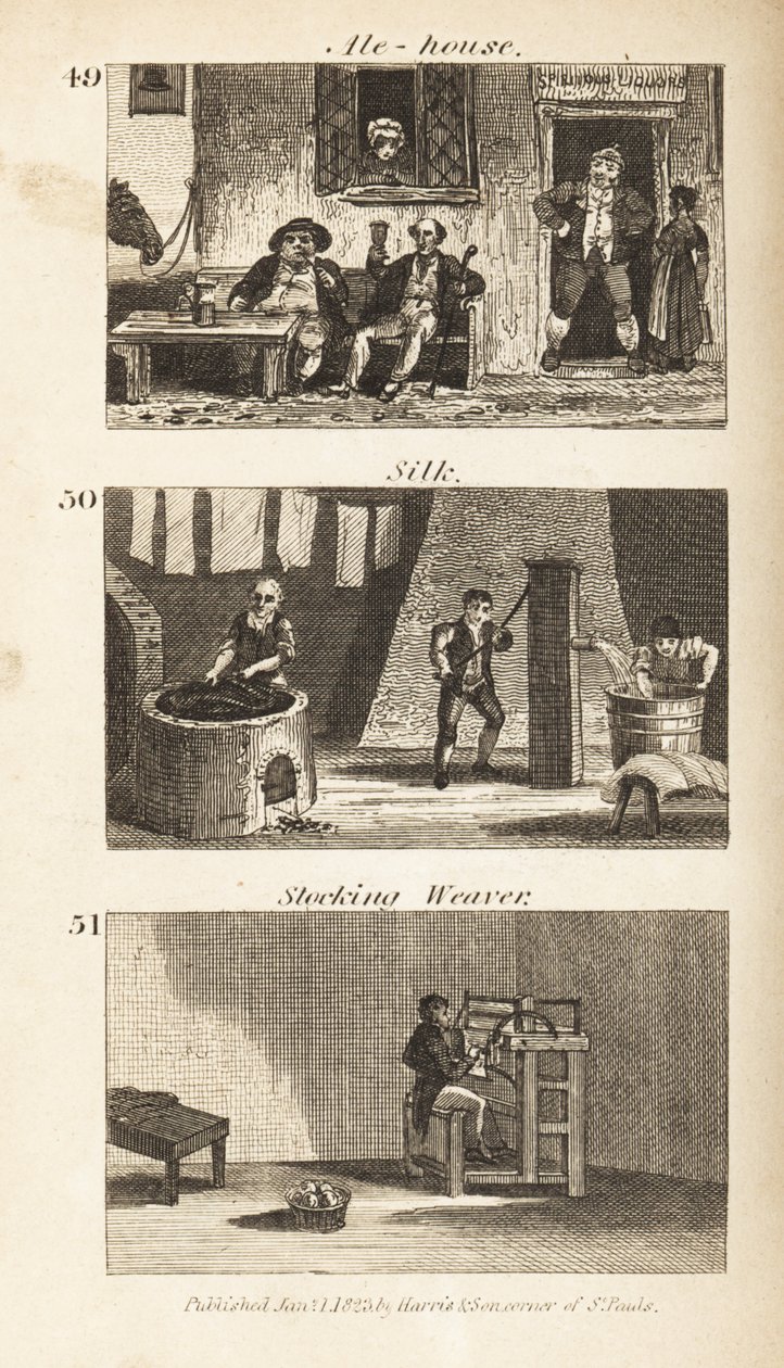 O comércio na Regency England: Ale-house, moinho de seda e tecelão de meias de Isaac Taylor