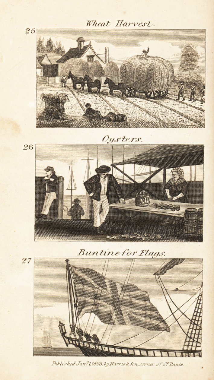 O comércio na Regency England: colheita de trigo, ostras e buntine para bandeiras de Isaac Taylor
