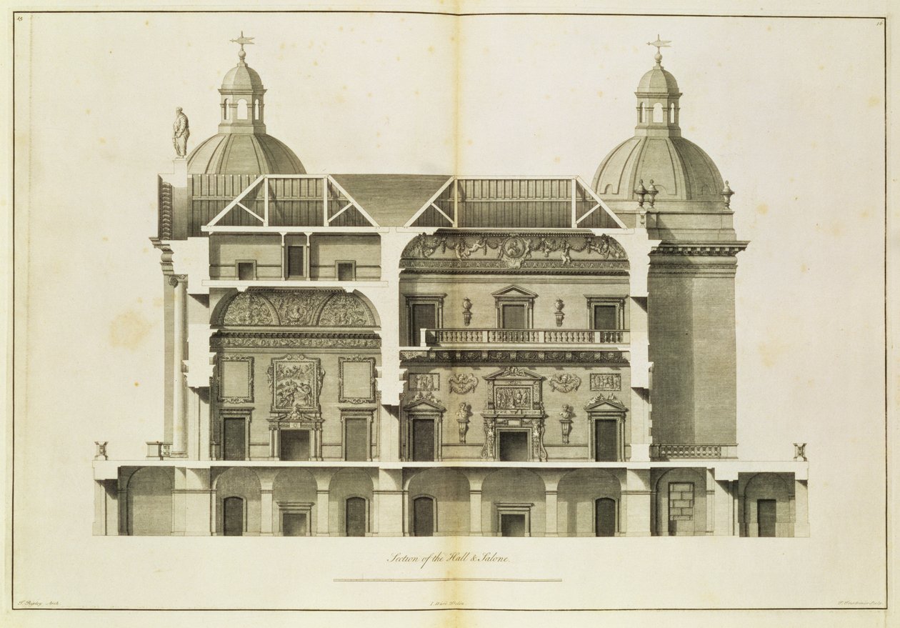 Houghton Hall: corte transversal do Salão e Salão, gravado por Pierre Fourdrinier, 1735 (ver também 64903 e 64904) de Isaac Ware