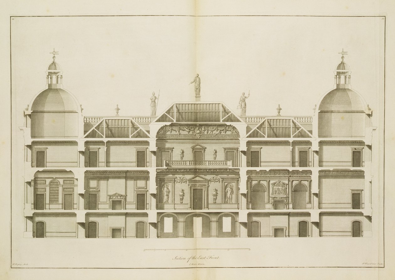 Houghton Hall: seção da Frente Oriental, gravada por Pierre Fourdrinier, 1735 (ver também 64902 e 64904) de Isaac Ware