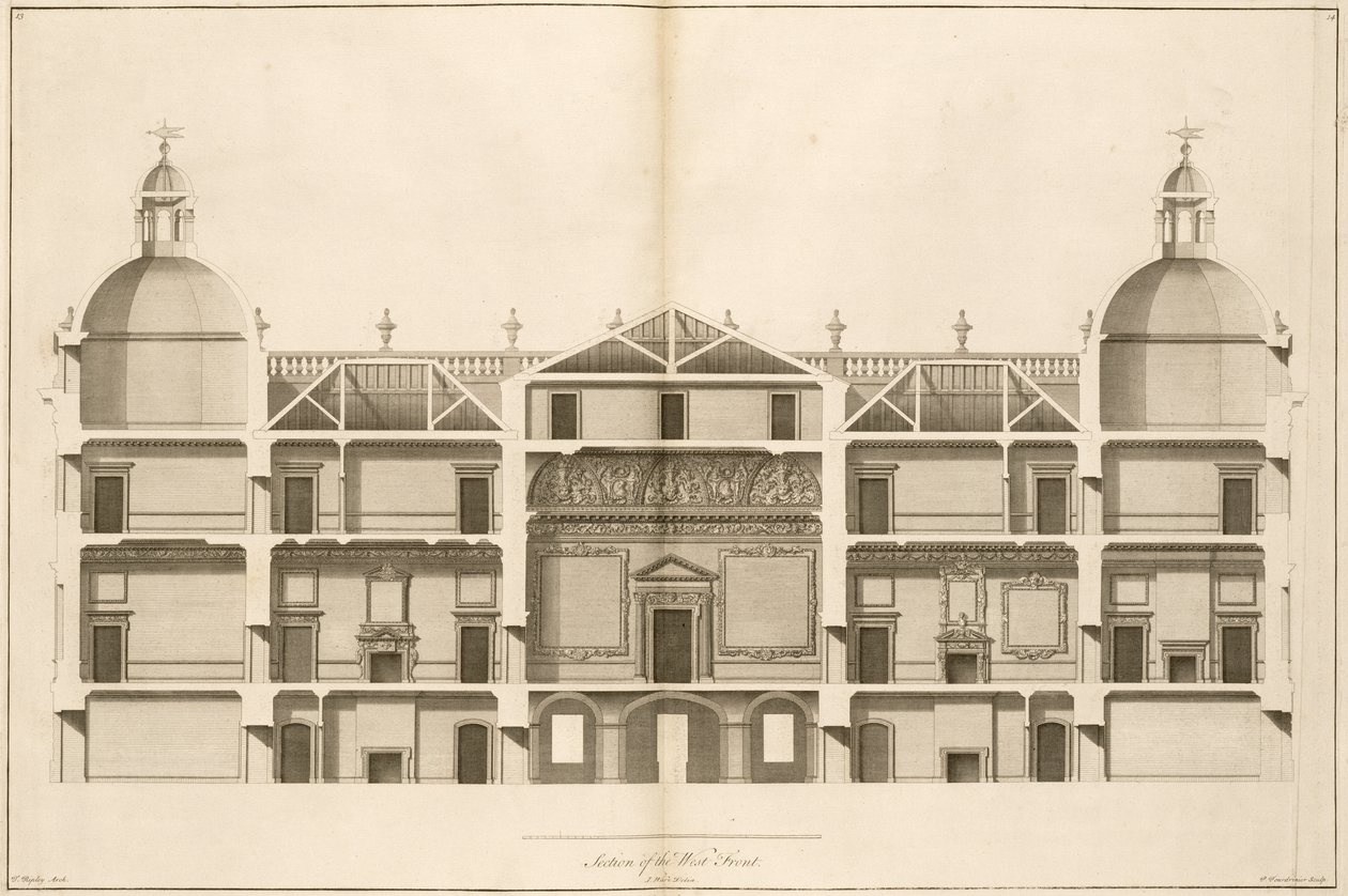 Houghton Hall: seção da frente oeste, gravada por Pierre Fourdrinier, 1735 (ver também 64902 e 64903) de Isaac Ware