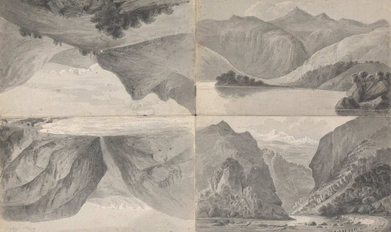1) (ll) Lago em Davos, 2) (lr) Entrada do Passe para Segnes, 3) (ur) Wiesen de Isaac Weld