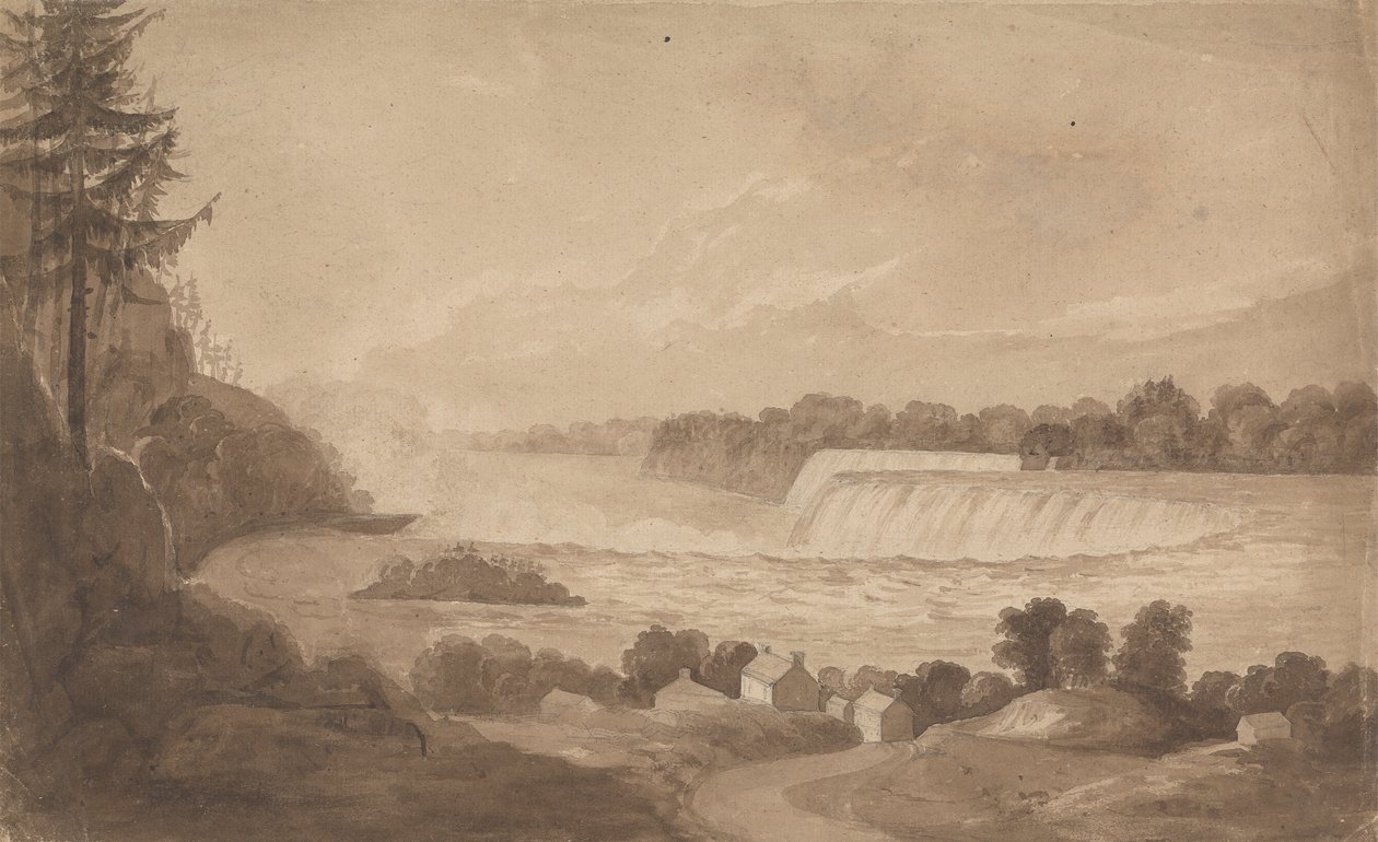Vista das Cataratas do Niágara com as Cataratas ao Fundo, à Direita, e Paisagem com Casas em Primeiro Plano de Isaac Weld