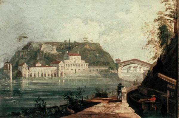 Fairmount Waterworks, após uma gravura de W. H. Bartlett de c.1835 (óleo sobre tela) de Isaac Williams