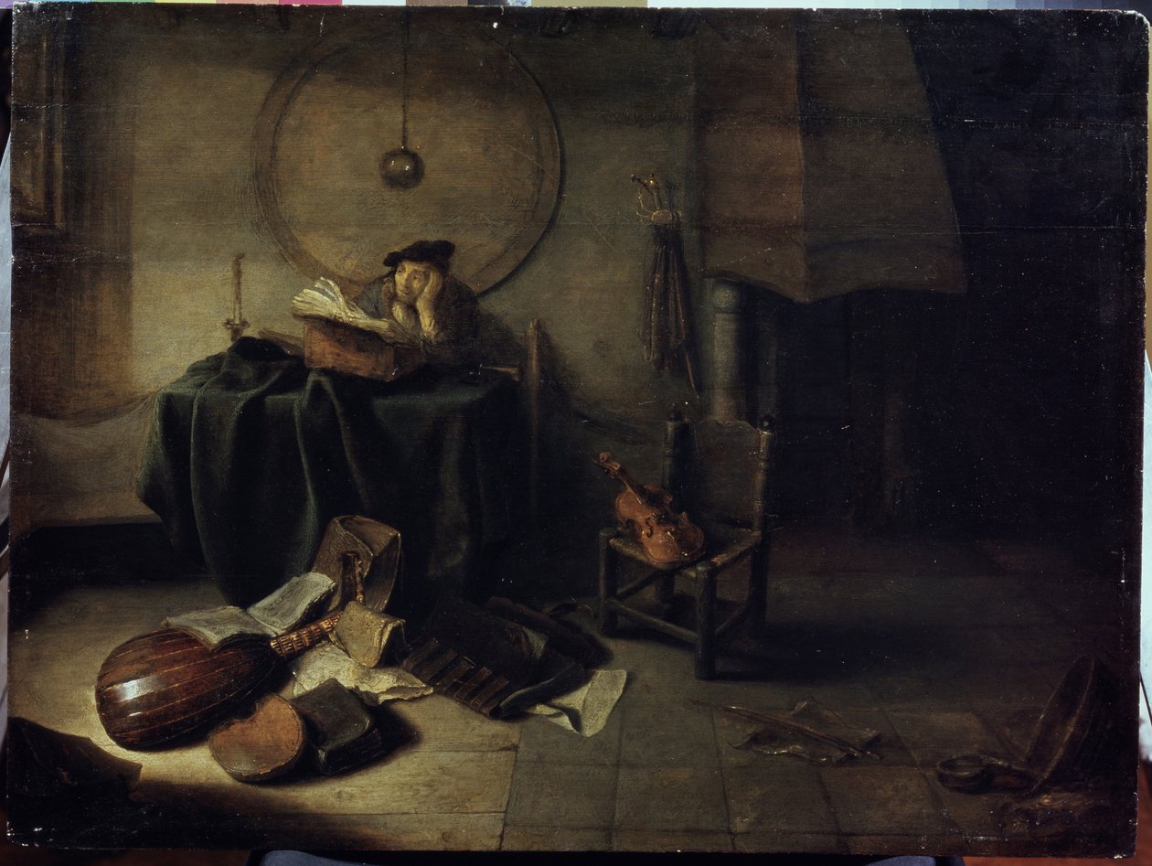 ""Melancolia II"" (Melancolia II (Cientista em seu estúdio)) Um homem estudando música, expressão pensativa. Pintura de Isaac de Jouderville (1613-1648) Serpoukhov, Museu Estadual de História e Arte de Isaac de Jouderville