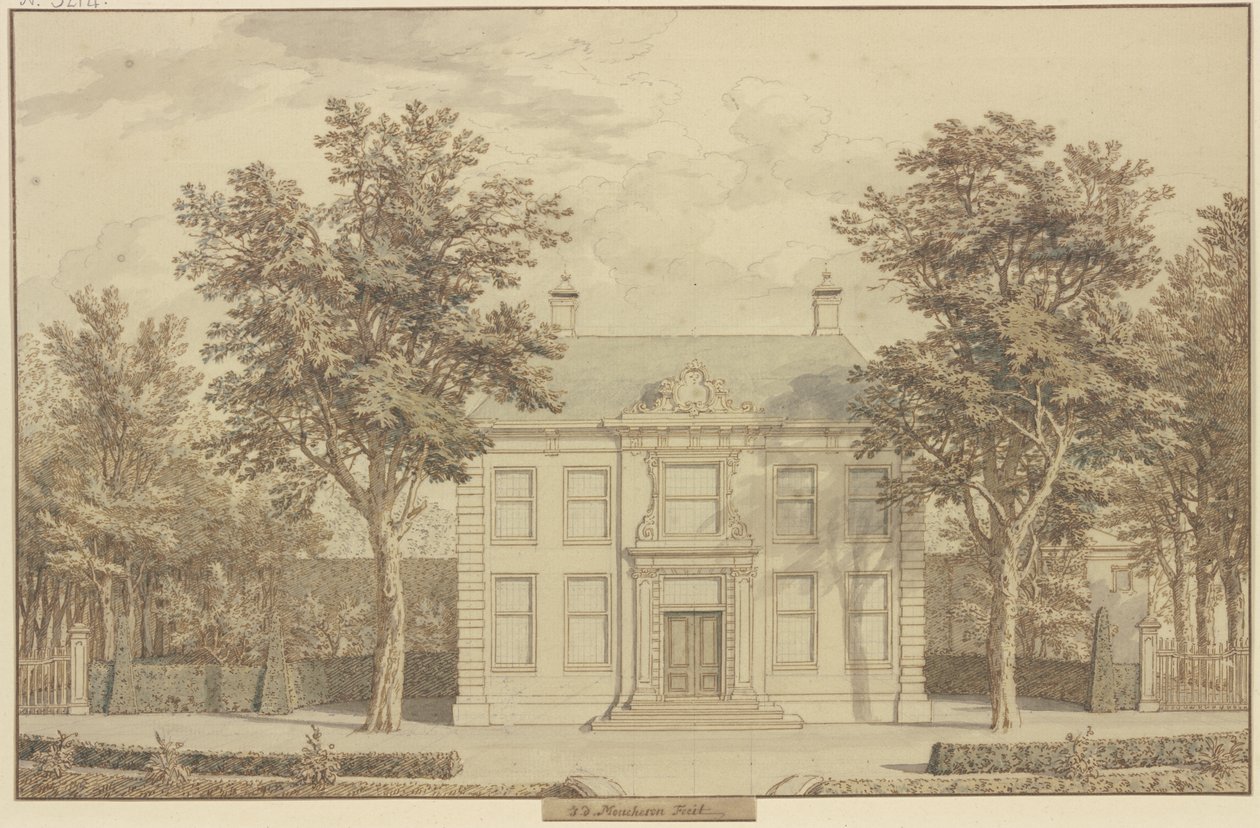 Jardim com sebe de teixos e uma casa entre duas árvores de Isaac de Moucheron