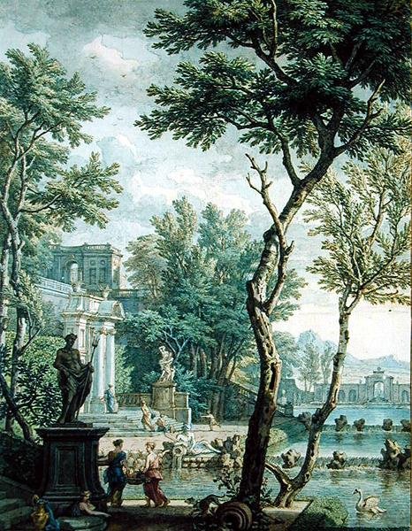 Palácio e Parque Ideal (caneta e tinta marrom e wc no papel) de Isaac de Moucheron