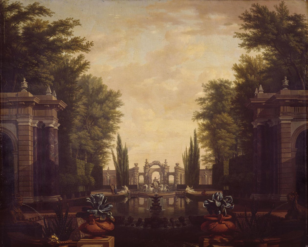 Espelho de água com estátuas e edifícios num parque de Isaac de Moucheron