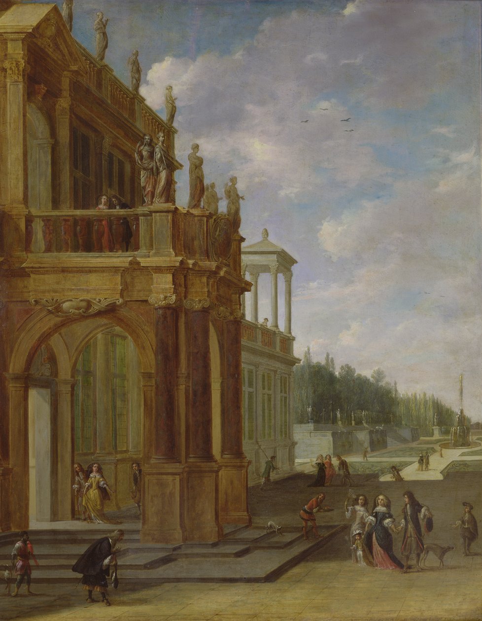 Pessoas no terraço de um palácio de Isaac van Nickele