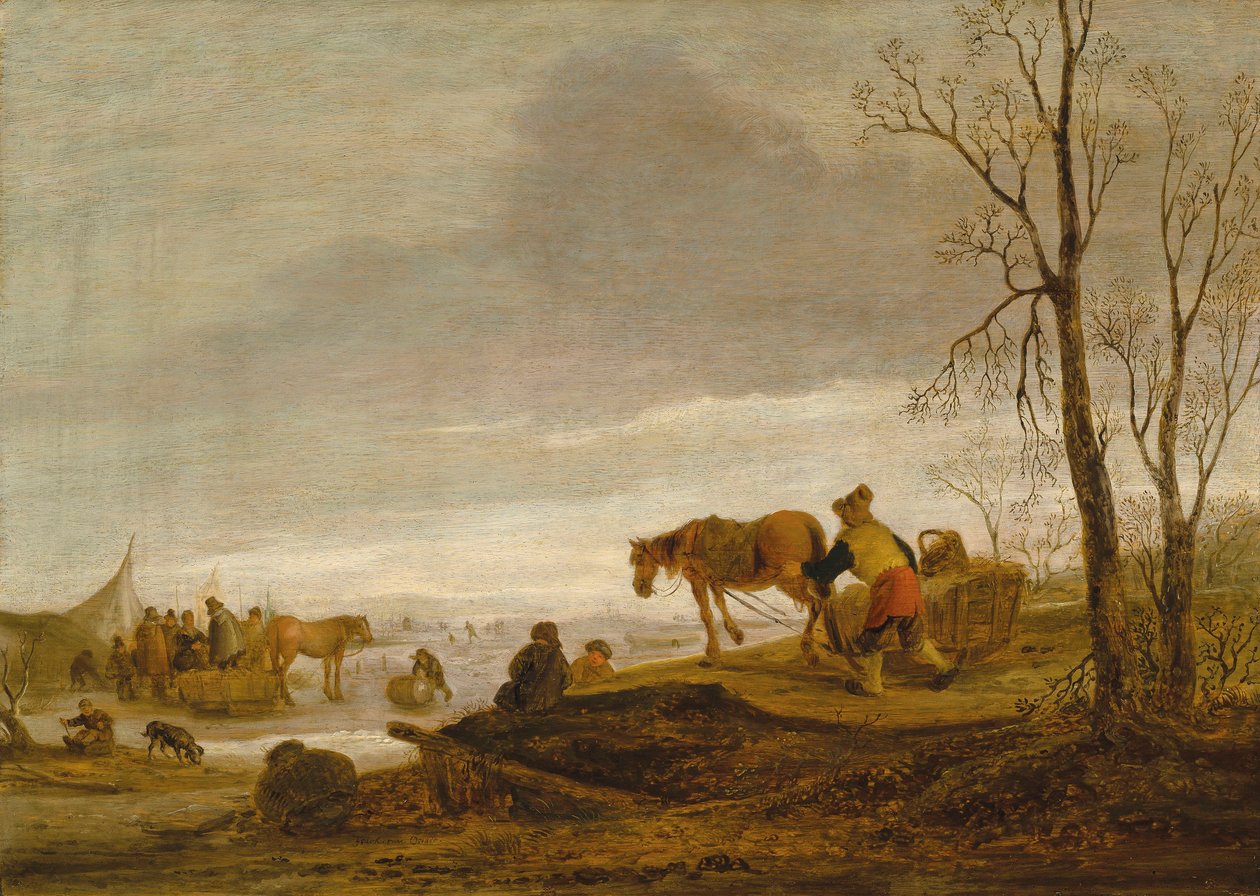 Uma paisagem de inverno com figuras num rio gelado de Isaac van Ostade