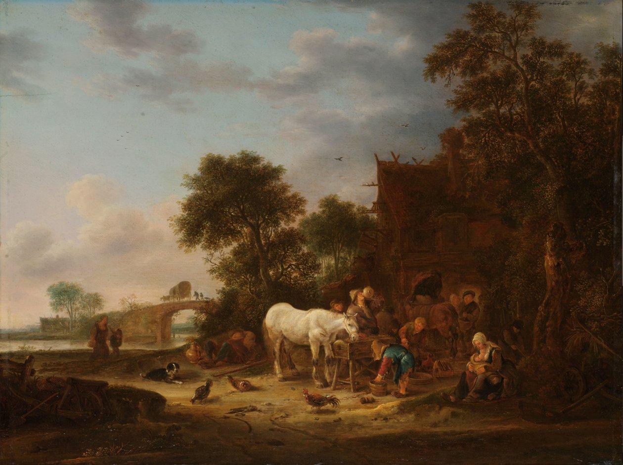 Pousada rural com um cavalo no cocho de Isaac van Ostade