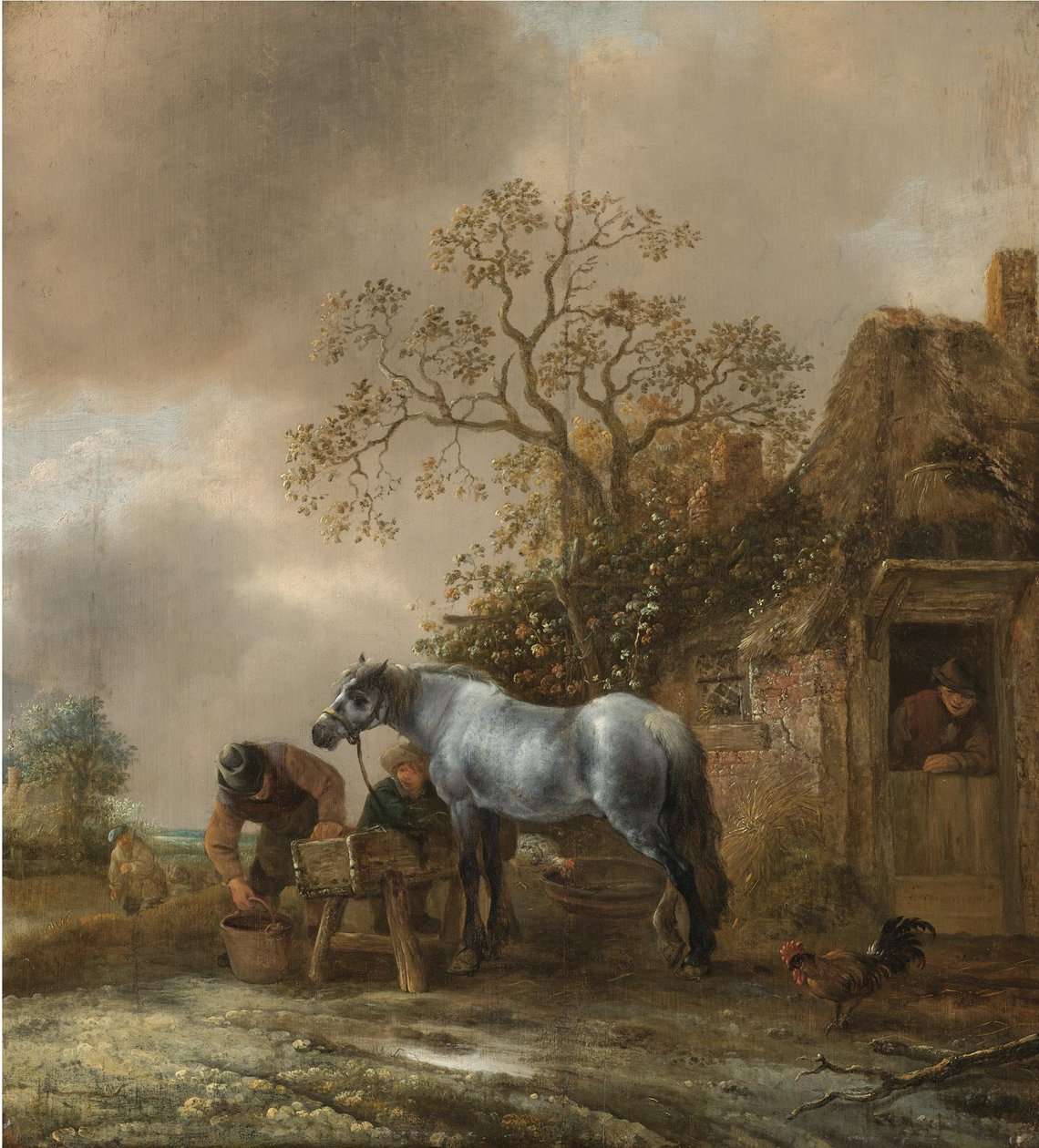 Paisagem com camponeses a alimentar um cavalo diante de uma casa de campo de Isaac van Ostade