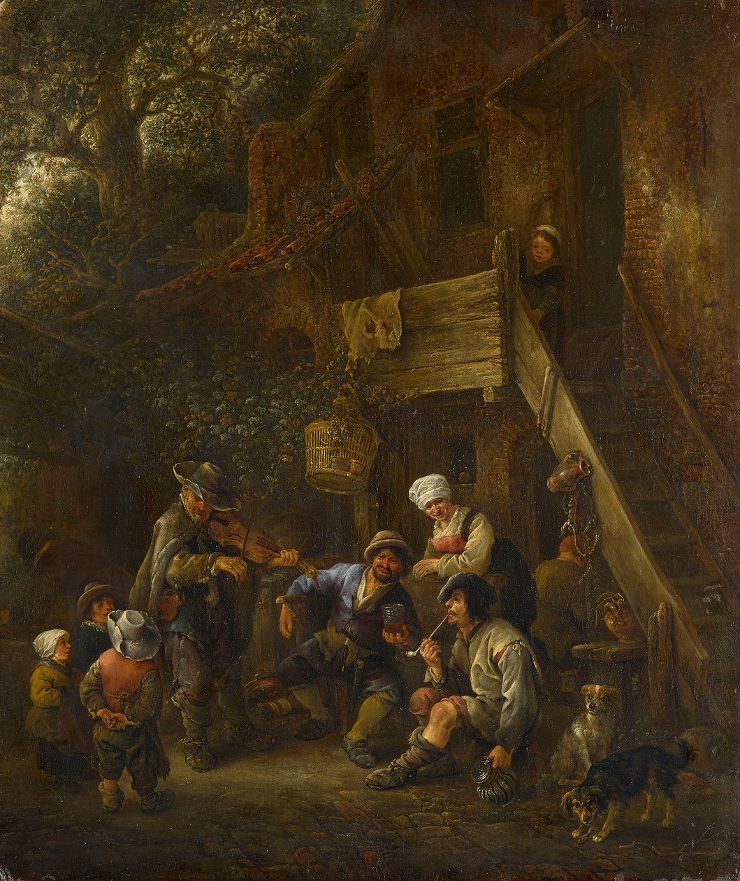 Camponeses ouvindo um violinista cego diante de uma cabana de Isaac van Ostade